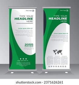 planilla de diseño de banner para su proyecto, diseño de banner vertical con color verde, estándar, x banner, volante, bienvenida tirando hacia arriba, vectores eps 10
