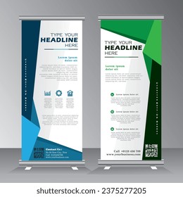 roll up banner design template for your project, vertical banner design with green and blue color, standee, x banner, flyer, welcome pull up, vector eps 10