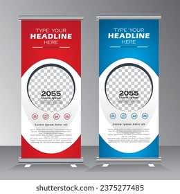 planilla de diseño de banner para su proyecto con espacio de imagen, diseño de banner vertical con color rojo y azul, estándar, x banner, volante, tirada de bienvenida, vectores eps 10