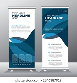 roll up banner design and vector template.  blue color, standee banner design, vertical banner,  x-banner, standee Template. pull up banner, Brochure, Flyer. abstarct vector illustration