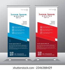 roll up banner design and vector template. blue and red color, standee banner design, vertical banner,  x-banner, standee Template. pull up banner, Brochure, Flyer. abstarct vector illustration