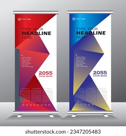 roll up banner design and vector template.  blue and red color, standee banner design, vertical banner,  x-banner, standee Template. pull up banner, Brochure, Flyer. abstarct vector illustration