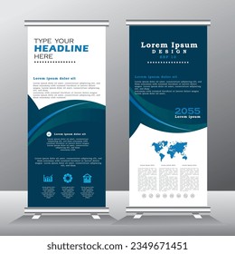 roll up banner design and vector template. blue color, standee banner design, vertical banner,  x-banner, standee Template. pull up banner, Brochure, Flyer. abstarct vector illustration