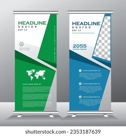roll up banner design and vector template. blue  and green color, standee banner design, vertical banner,  x-banner, standee Template. pull up banner, Brochure, Flyer. abstarct vector illustration