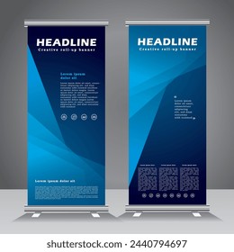 roll up banner design and vector template. blue color banner design, standee banner design, vertical banner, x-banner, standee template. pull up, Brochure, Flyer. abstarct vector illustration