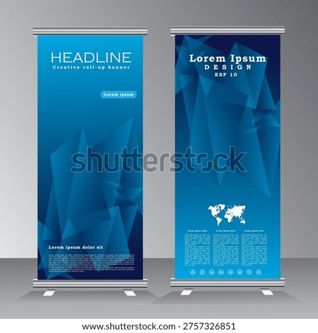roll up banner design and vector template. blue color banner design, standee banner design, vertical banner, x-banner, standee template. pull up, Brochure, Flyer. abstarct vector illustration