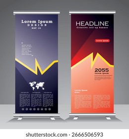 Roll-up-Banner-Design und Vektorvorlage mit gelber Linie, Ständer-Banner-Design, vertikales Banner, x-Banner, Ständer, Pull-up, Roll-up-Banner mit blauer und roter Farbe, abstrakte Vektorgrafik
