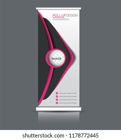 Roll up banner design. Vertical narrow flyer template. Advertising panel layout. Pink and black vector illustration.