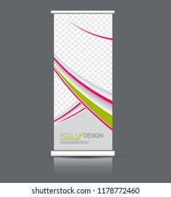 Roll up banner design. Vertical narrow flyer template. Advertising panel layout. Pink and green vector illustration.