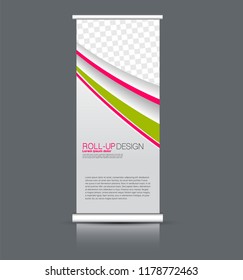 Roll up banner design. Vertical narrow flyer template. Advertising panel layout. Pink and green vector illustration.
