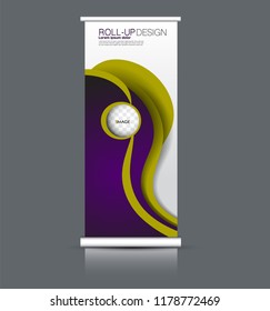 Roll up banner design. Vertical narrow flyer template. Advertising panel layout. Purple and yellow vector illustration.