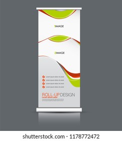 Roll up banner design. Vertical narrow flyer template. Advertising panel layout. Orange and green vector illustration.