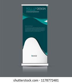 Roll up banner design. Vertical narrow flyer template. Advertising panel layout. Green vector illustration.