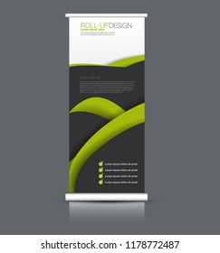 Roll up banner design. Vertical narrow flyer template. Advertising panel layout. Green and black vector illustration.