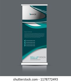 Roll up banner design. Vertical narrow flyer template. Advertising panel layout. Green vector illustration.