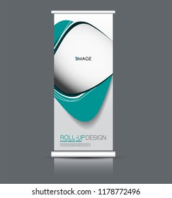 Roll up banner design. Vertical narrow flyer template. Advertising panel layout. Green vector illustration.