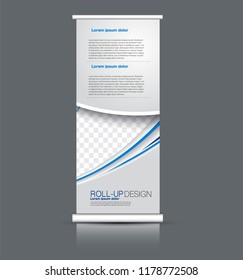 Roll up banner design. Vertical narrow flyer template. Advertising panel layout. Blue vector illustration.