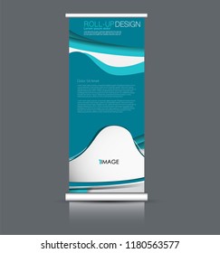Roll up banner design. Vertical narrow flyer template. Advertising panel layout. Blue vector illustration.