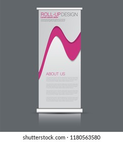 Roll up banner design. Vertical narrow flyer template. Advertising panel layout. Pink vector illustration.
