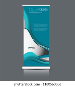 Roll up banner design. Vertical narrow flyer template. Advertising panel layout. Blue vector illustration.