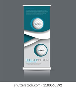 Roll up banner design. Vertical narrow flyer template. Advertising panel layout. Blue vector illustration.