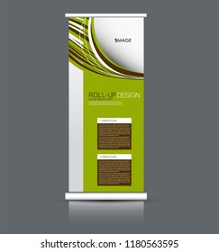 Roll up banner design. Vertical narrow flyer template. Advertising panel layout. Green and brown vector illustration.