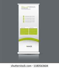 Roll up banner design. Vertical narrow flyer template. Advertising panel layout. Green vector illustration.