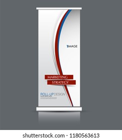 Roll up banner design. Vertical narrow flyer template. Advertising panel layout. Blue and red vector illustration.
