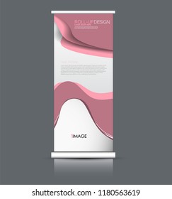 Roll up banner design. Vertical narrow flyer template. Advertising panel layout. Pink vector illustration.