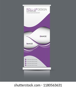 Roll up banner design. Vertical narrow flyer template. Advertising panel layout. Purple vector illustration.