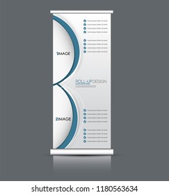 Roll up banner design. Vertical narrow flyer template. Advertising panel layout. Blue vector illustration.