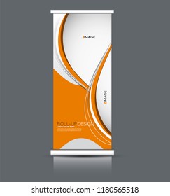 Roll up banner design. Vertical narrow flyer template. Advertising panel layout. Orange vector illustration.