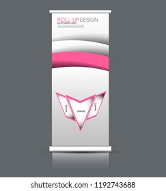 Roll up banner design. Vertical narrow flyer template. Advertising panel layout. Pink vector illustration.