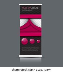 Roll up banner design. Vertical narrow flyer template. Advertising panel layout. Pink and black vector illustration.