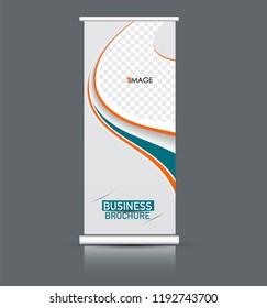 Roll up banner design. Vertical narrow flyer template. Advertising panel layout. Green and orange vector illustration.