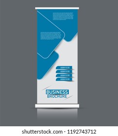 Roll up banner design. Vertical narrow flyer template. Advertising panel layout. Blue vector illustration.