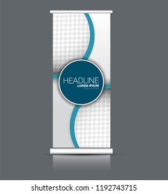 Roll up banner design. Vertical narrow flyer template. Advertising panel layout. Blue vector illustration.