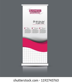 Roll up banner design. Vertical narrow flyer template. Advertising panel layout. Pink vector illustration.