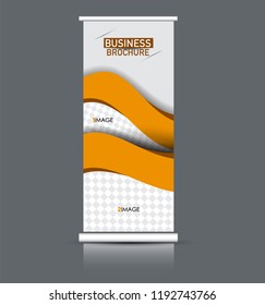 Roll up banner design. Vertical narrow flyer template. Advertising panel layout. Orange vector illustration.