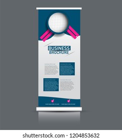 Roll up banner design. Vertical narrow flyer template. Advertising panel layout. Pink and blue vector illustration.