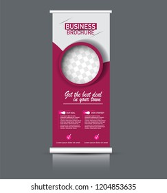 Roll up banner design. Vertical narrow flyer template. Advertising panel layout. Pink vector illustration.