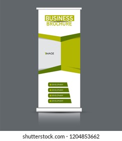 Roll up banner design. Vertical narrow flyer template. Advertising panel layout. Green vector illustration.
