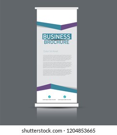 Roll up banner design. Vertical narrow flyer template. Advertising panel layout. Blue and purple vector illustration.