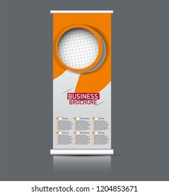 Roll up banner design. Vertical narrow flyer template. Advertising panel layout. Orange and red vector illustration.