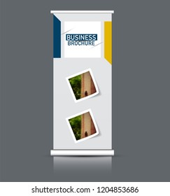 Roll up banner design. Vertical narrow flyer template. Advertising panel layout. Blue and yellow vector illustration.
