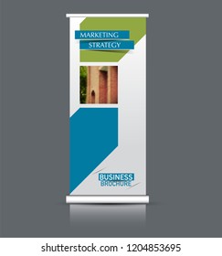 Roll up banner design. Vertical narrow flyer template. Advertising panel layout. Blue and green vector illustration.