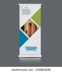 Roll up banner design. Vertical narrow flyer template. Advertising panel layout. Blue and green vector illustration.