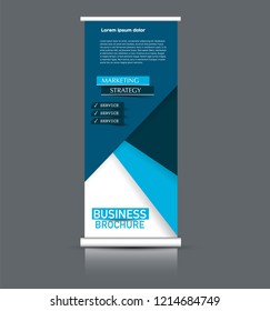 Roll up banner design. Vertical narrow flyer template. Advertising panel layout. Blue vector illustration.