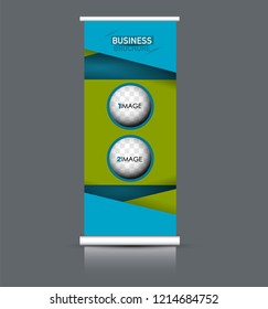 Roll up banner design. Vertical narrow flyer template. Advertising panel layout. Blue and green vector illustration.
