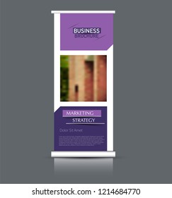 Roll up banner design. Vertical narrow flyer template. Advertising panel layout. Purple vector illustration.